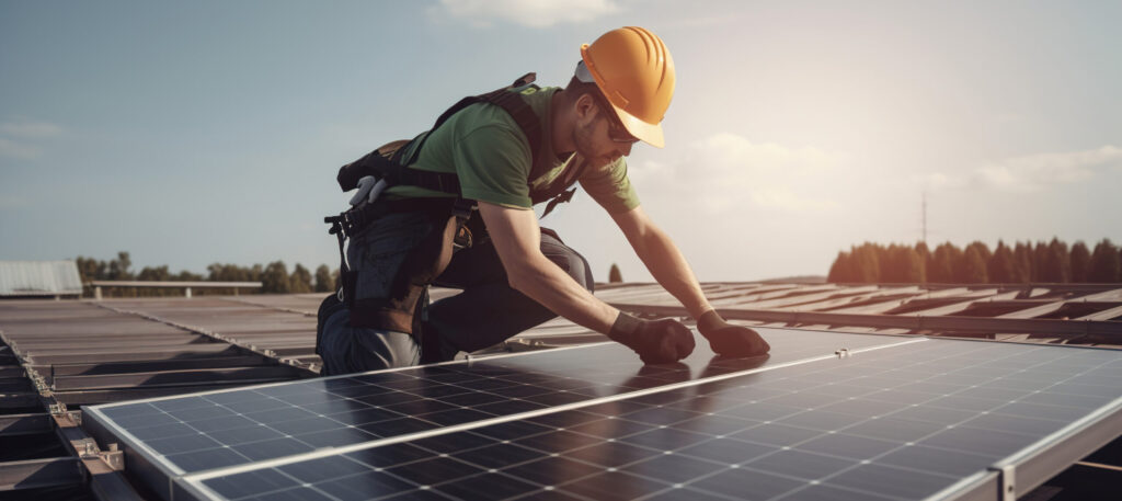 Worker installing solar panels